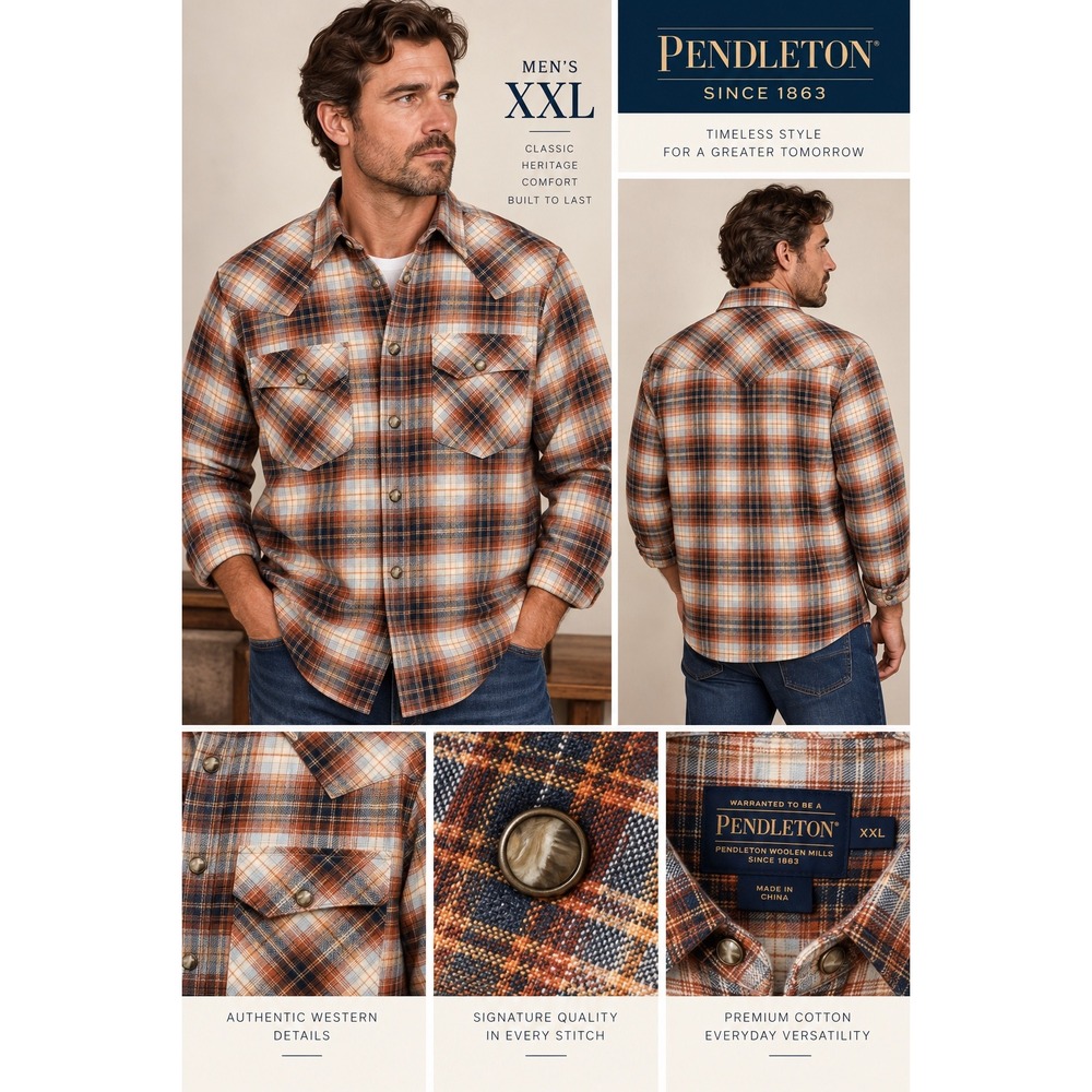 Pendleton Mens Western Plaid Snap Shirt XXL Brown Blue 100 Cotton NWT